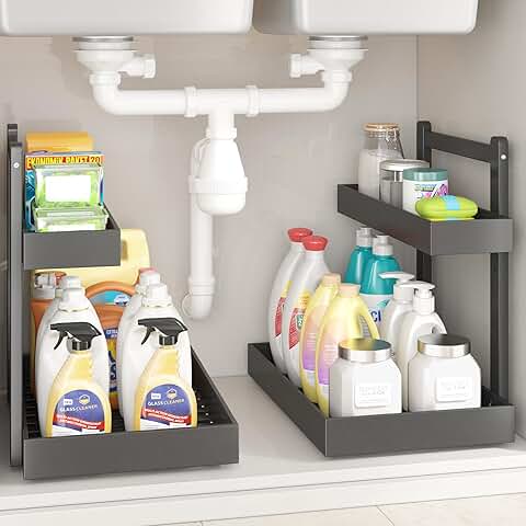 Under Sink Organizer - 1-Tier Pull Out Shelf, Black, 2 Packs