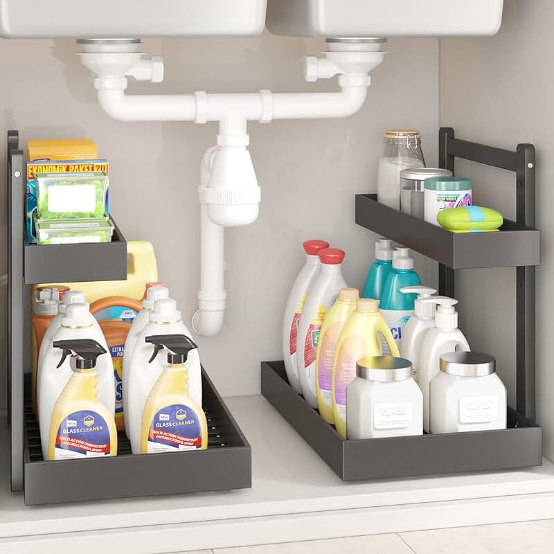 Under Sink Organizer - 1-Tier Pull Out Shelf, Black, 2 Packs