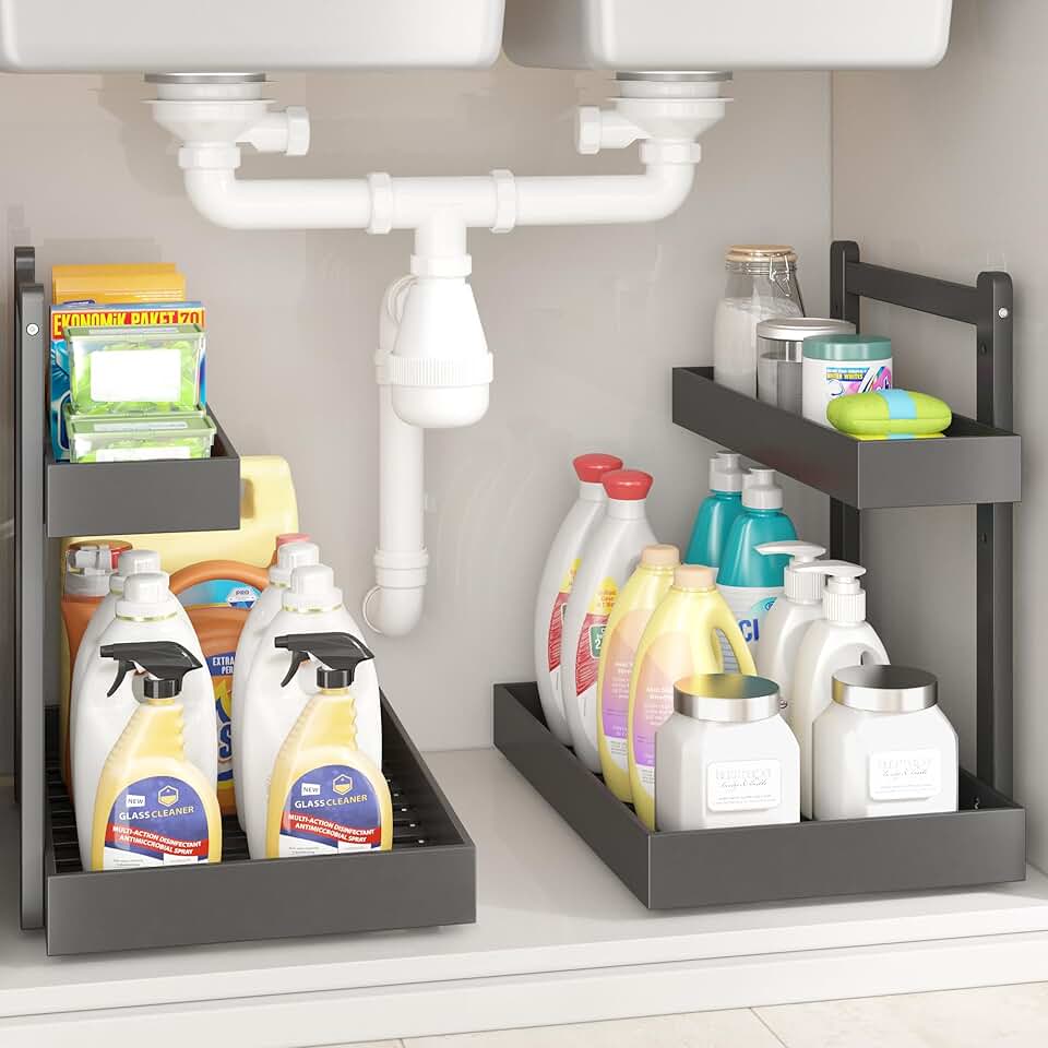 Under Sink Organizer - 1-Tier Pull Out Shelf, Black, 2 Packs