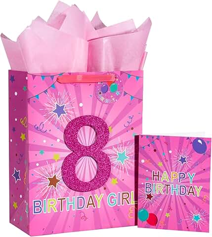 Pink birthday gift bag with tissue paper and tag