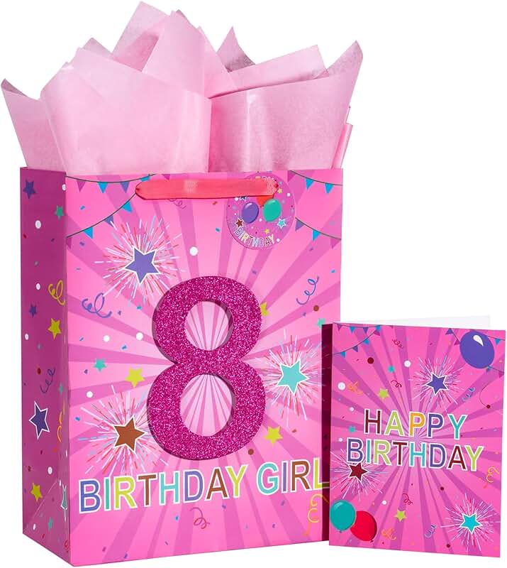 Pink birthday gift bag with tissue paper and tag