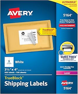 White laser shipping labels, 3 1/3" x 4", box of 600