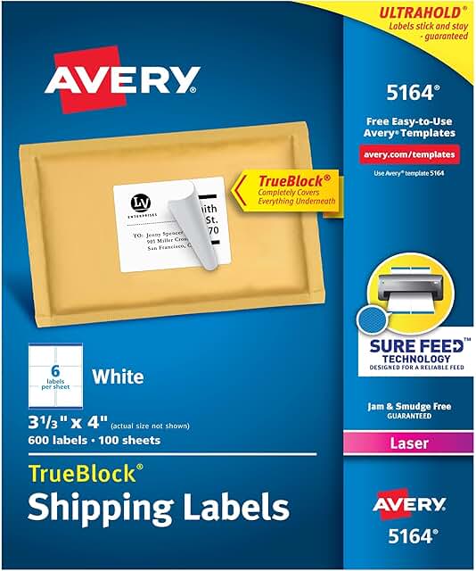 White laser shipping labels, 3 1/3" x 4", box of 600