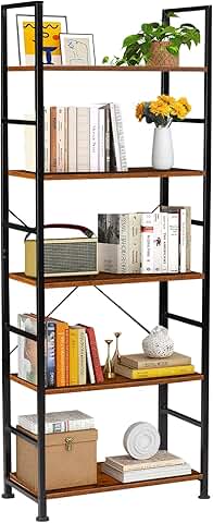 5-Tier Rustic Wood and Metal Bookshelf, 62.2 Inches Tall