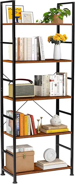 5-Tier Rustic Wood and Metal Bookshelf, 62.2 Inches Tall