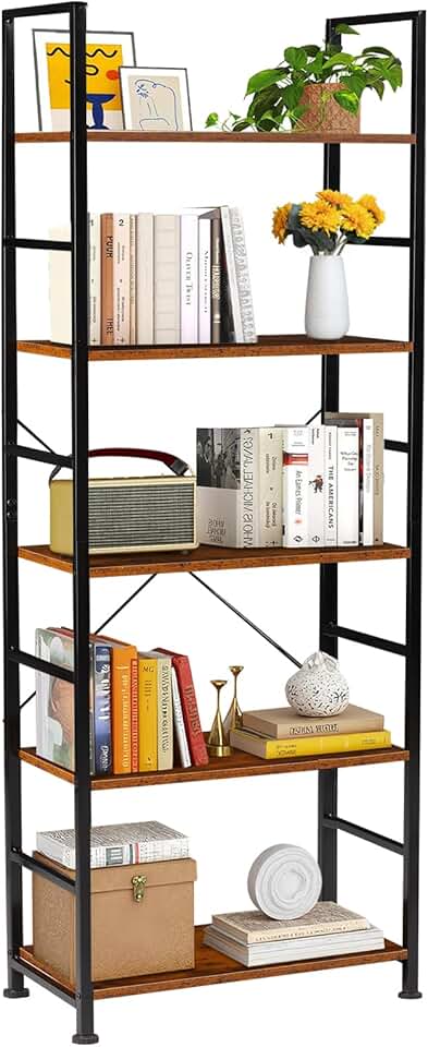 5-Tier Rustic Wood and Metal Bookshelf, 62.2 Inches Tall