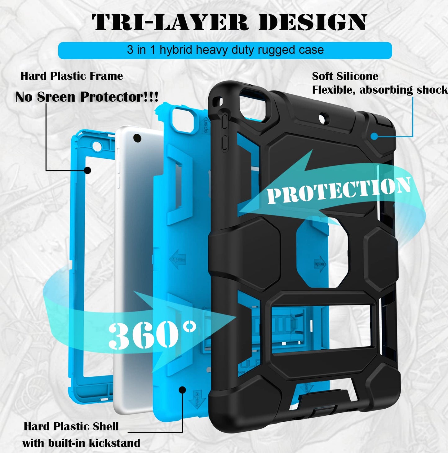 Case for iPad 6th Generation/iPad 5th Generation (9.7-inch, 2018/2017 Model), iPad Air 2 Case, iPad 9.7 Case with Kickstand, Hybrid Shockproof Protective Case for Kids Boys, Black+Sky Blue