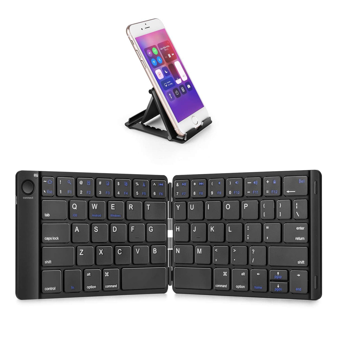 Foldable Bluetooth Keyboard - Portable Wireless Keyboard with Stand Holder, Rechargeable Full Size Ultra Slim Folding Keyboard Compatible IOS Android Windows Smartphone Tablet and Laptop-Black
