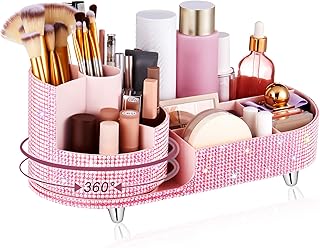 Pink 360° Rotating Rhinestone Makeup Organizer for Teen Girls