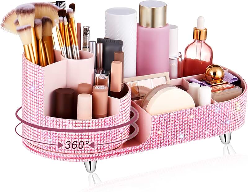 Pink 360° Rotating Rhinestone Makeup Organizer for Teen Girls