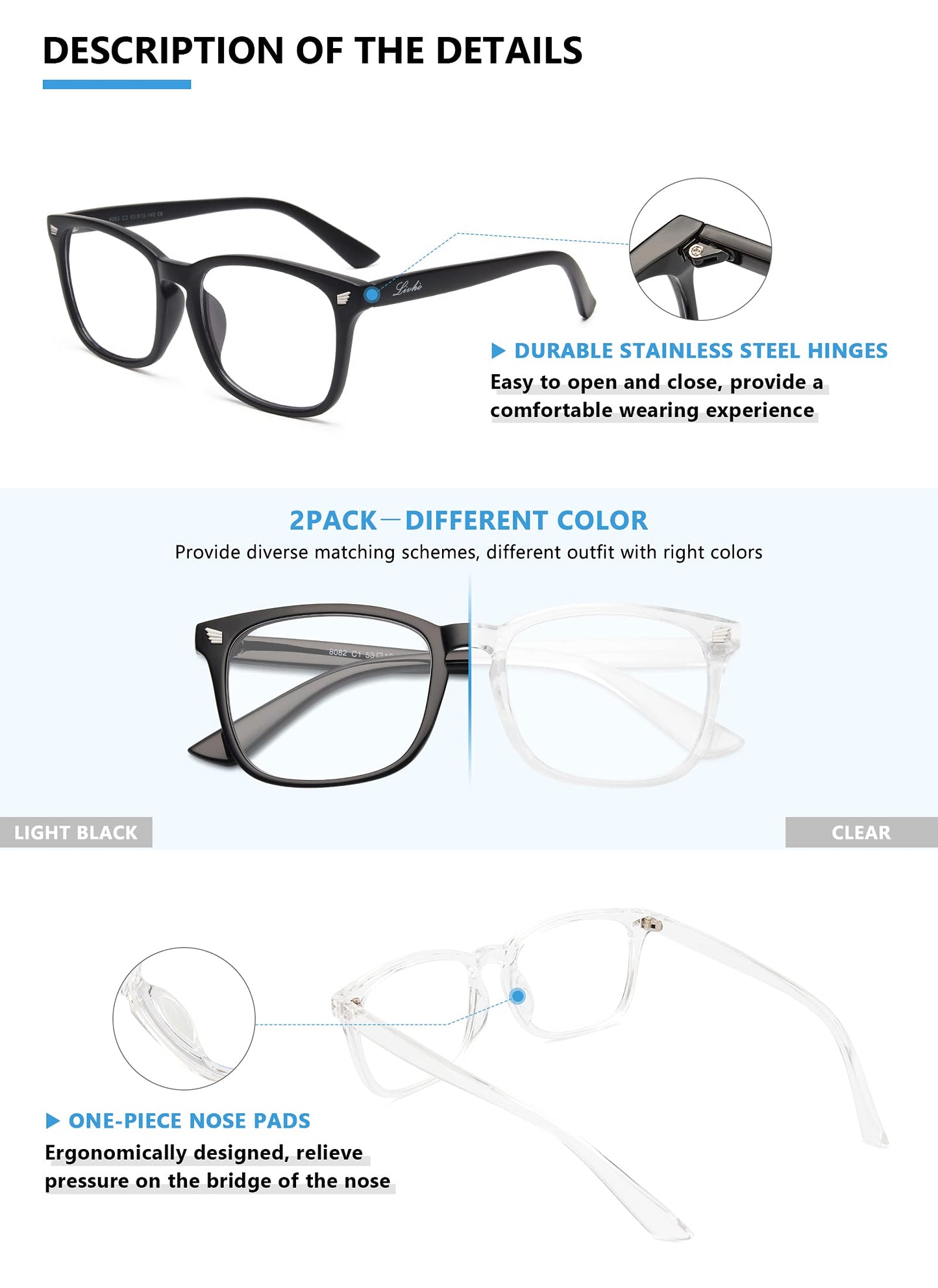 2 Pack Blue Light Blocking Glasses, Computer Reading/Gaming/TV/Phones Glasses for Women Men,Anti Eyestrain & UV Glare (Light Black+Clear)
