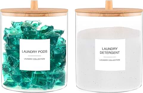 Set of 2 Glass Laundry Storage Jars with Labels and Bamboo Lids