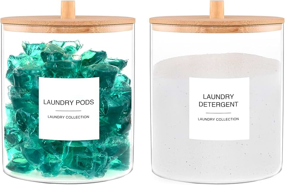 Set of 2 Glass Laundry Storage Jars with Labels and Bamboo Lids