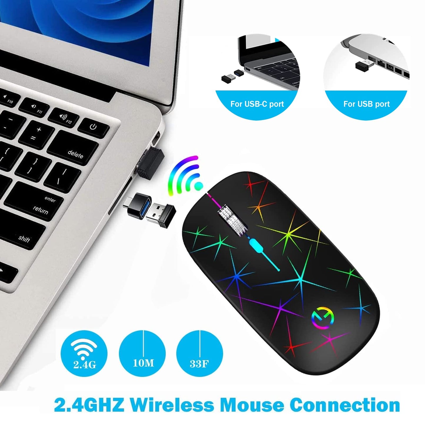 Wireless Mouse, 2.4G Portable Optical Quiet RGB Mouse with USB Receiver and Type C Adapter, 3 Adjustable DPI Levels, Wireless Computer Mouse for Laptop, Computer, PC, MacBook, Desktop