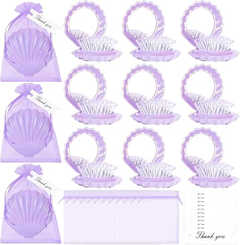 Set of 12 Mini Foldable Shell-Shaped Travel Mirrors with Tags and Bags