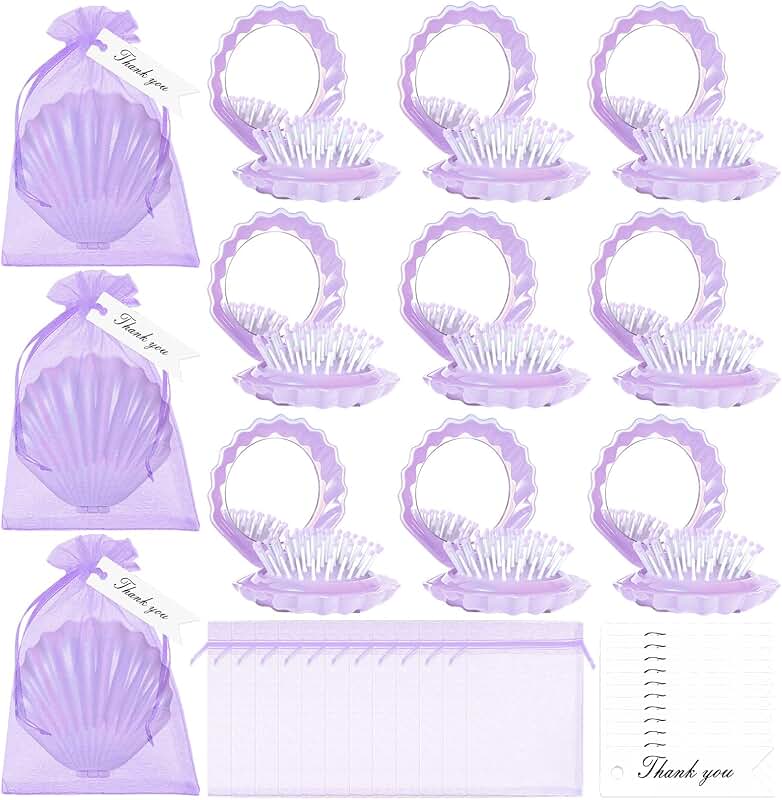 Set of 12 Mini Foldable Shell-Shaped Travel Mirrors with Tags and Bags