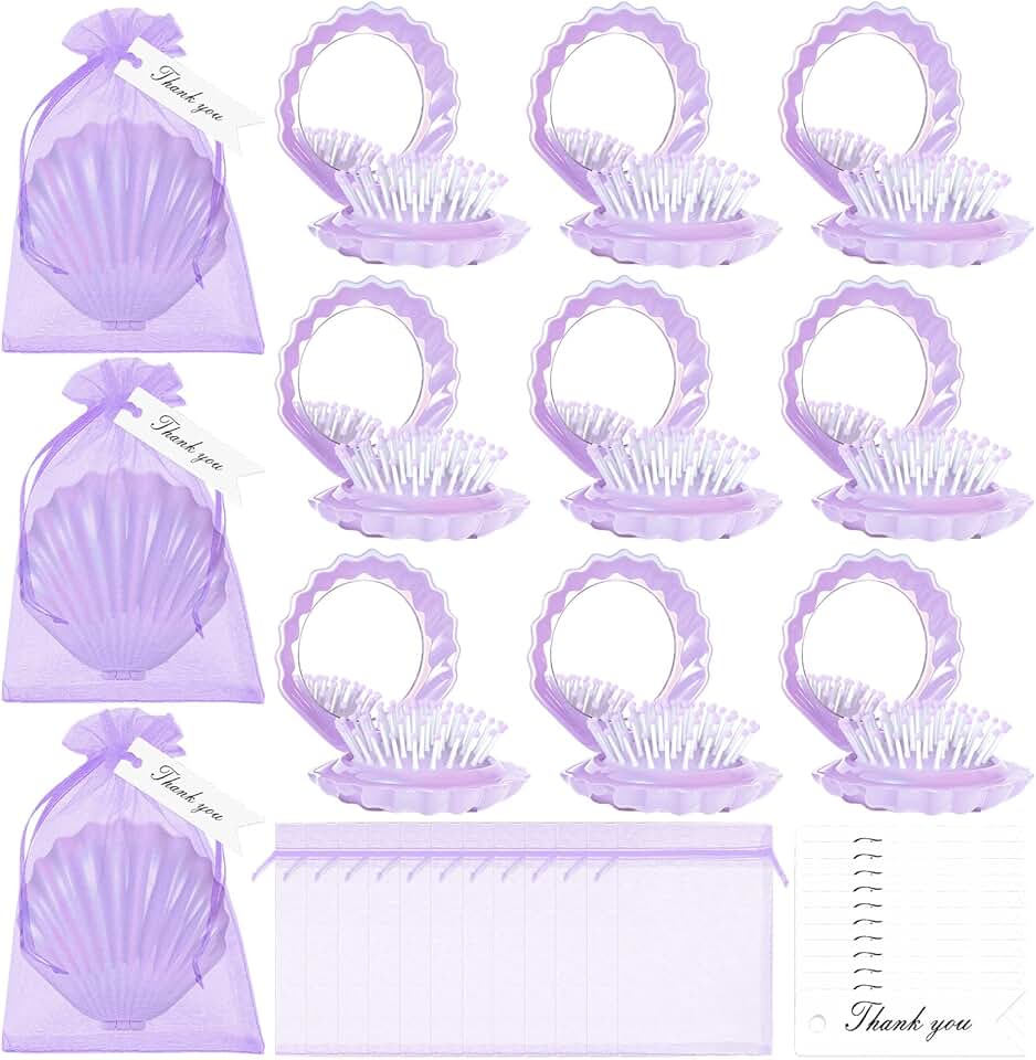 Set of 12 Mini Foldable Shell-Shaped Travel Mirrors with Tags and Bags