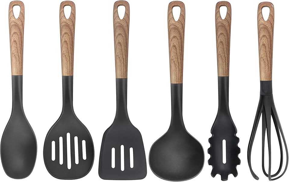Set of 6 13" Non-Stick Kitchen Utensils with Wood Handles