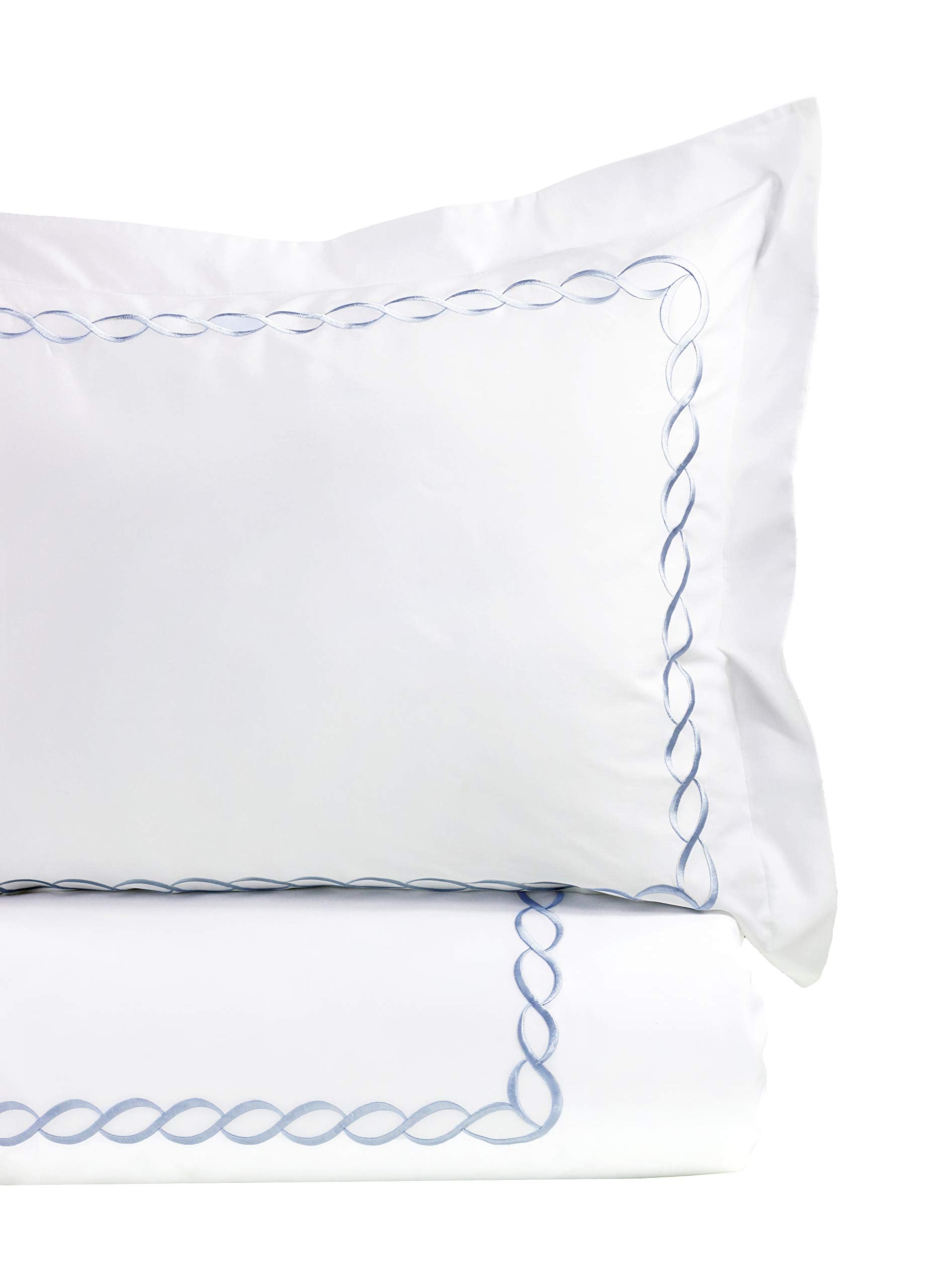 Melange Sateen Cotton Rope Stripe Embroidery Duvet Set, Full/Queen, Blue on White