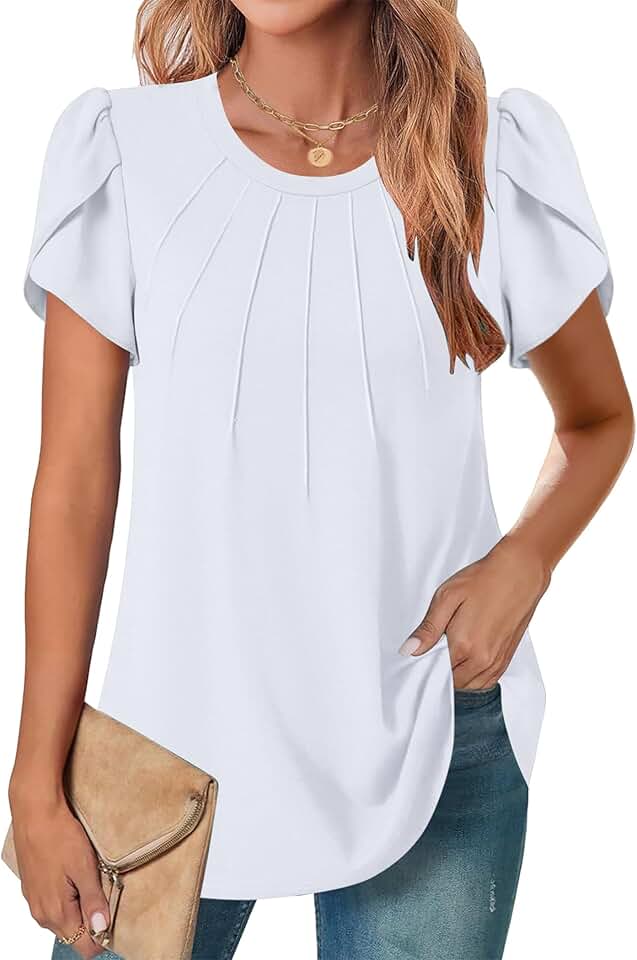 Women's Short Sleeve Pleated Crew Neck Summer Blouse