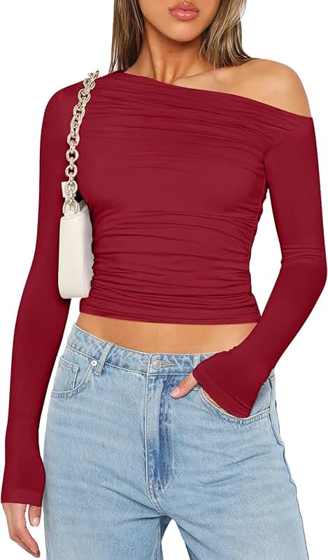 Women's Off-Shoulder Long Sleeve Crop Top for Casual or Going Out