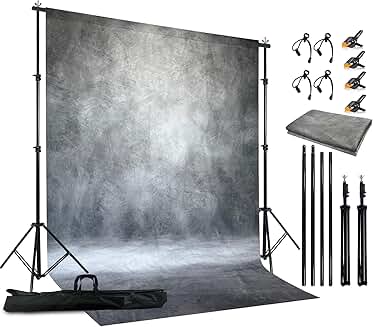 Portable 6.5x6.5 ft Photography Backdrop Stand with 6x8 ft Grey Polyester Fabric