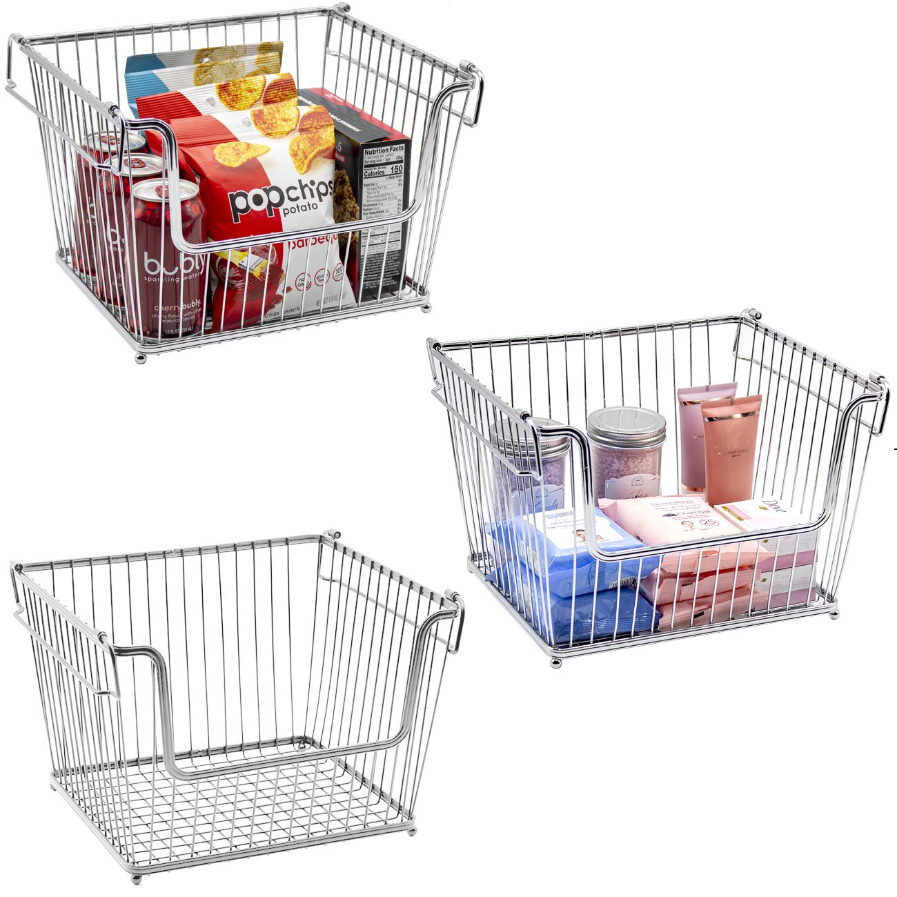 Wire Metal Basket Bin, Stackable Storage Baskets, Cubby Bins for Food, Kitchen, Home, ry Snack, Vegetable, Potato, Onion, Laundry Room, Office, Farmhouse 3-Pack, Silver)