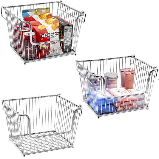 Wire Metal Basket Bin, Stackable Storage Baskets, Cubby Bins for Food, Kitchen, Home, ry Snack, Vegetable, Potato, Onion, Laundry Room, Office, Farmhouse 3-Pack, Silver)