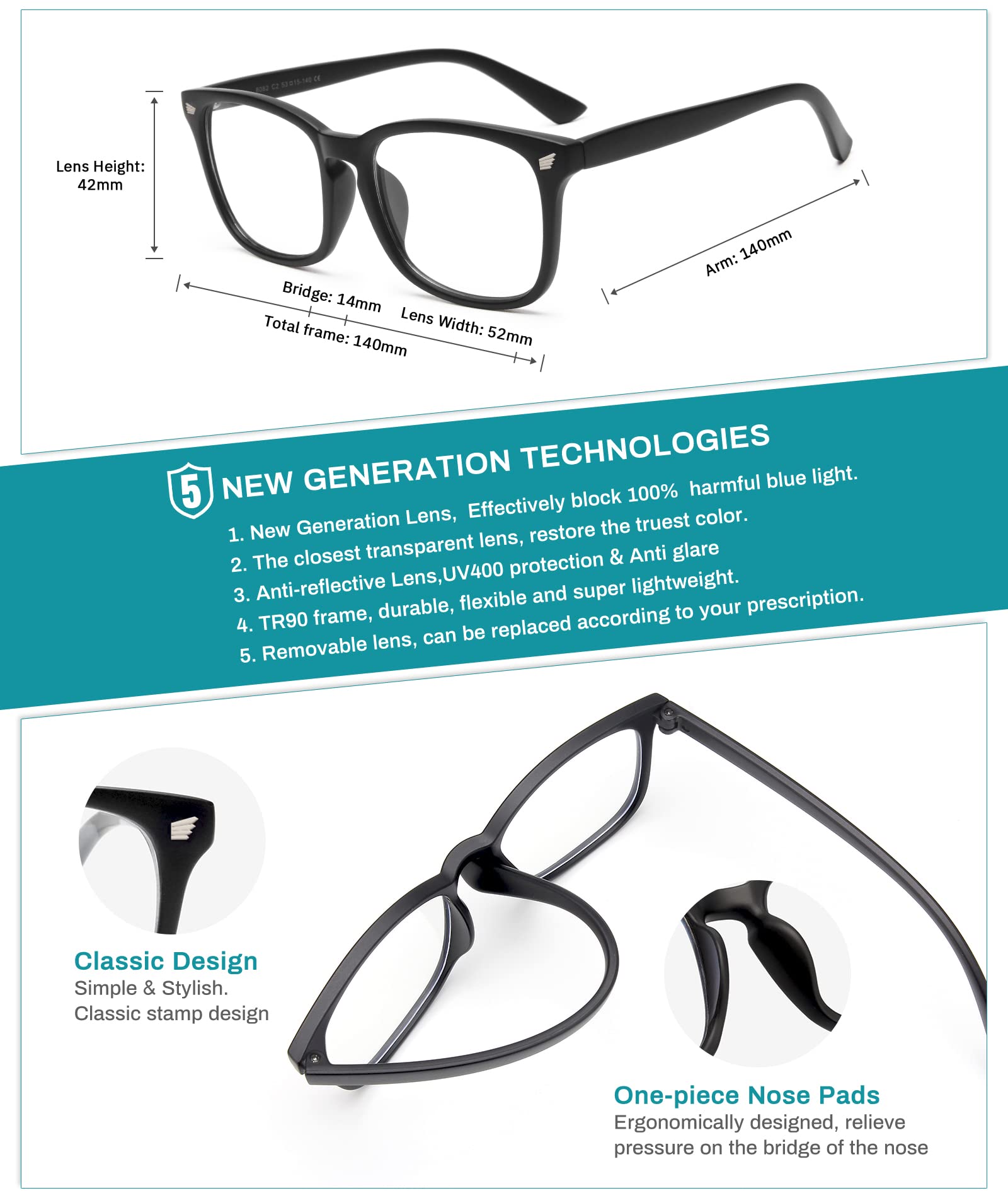 Blue Light Blocking Glasses - 3 Pack Fashion Square Fake Eyeglasses, Anti UV Ray Computer Gaming Glasses, Blue Blocker Glasses for Women/Men (, Matte Black+Leopard+Transparent)