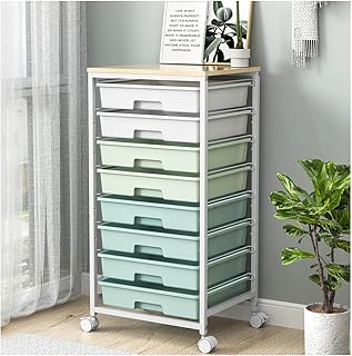 Rolling storage cart with 8 drawers and wooden top