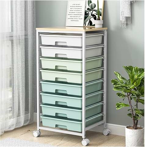 Rolling storage cart with 8 drawers and wooden top