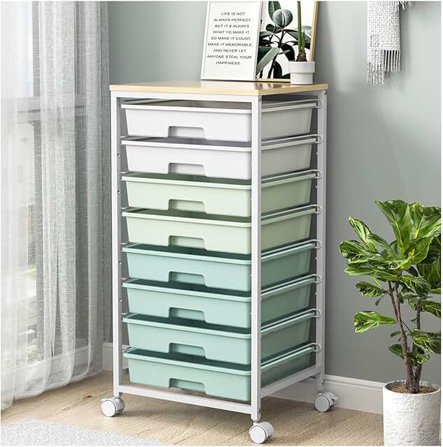Rolling storage cart with 8 drawers and wooden top