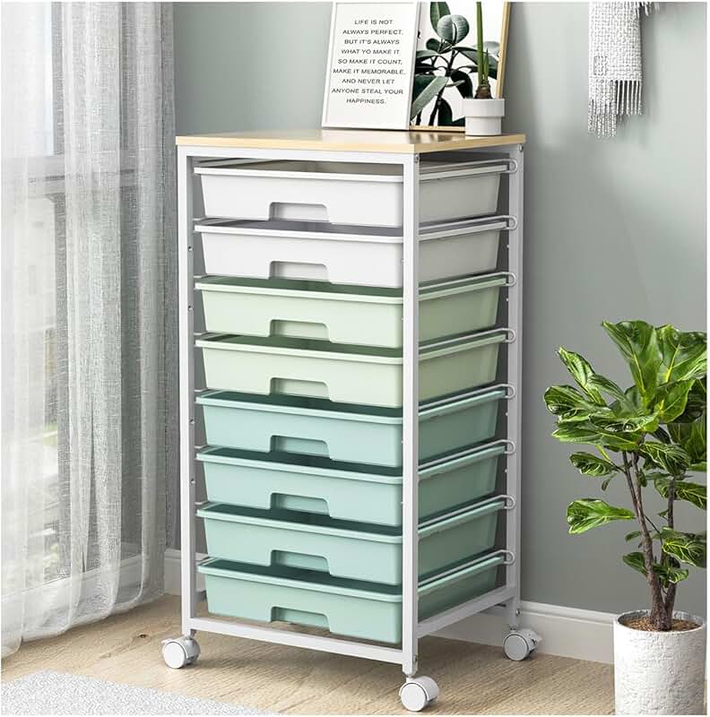 Rolling storage cart with 8 drawers and wooden top