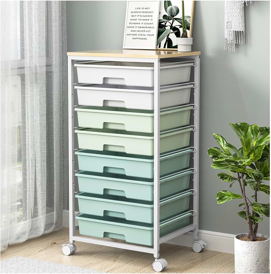 Rolling storage cart with 8 drawers and wooden top