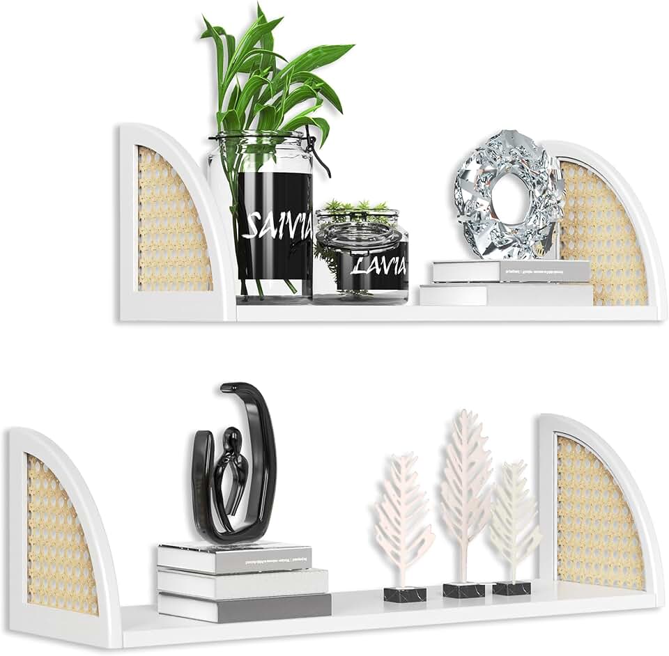 Set of two white wall-mounted floating shelves for bathroom, bedroom, and living room storage