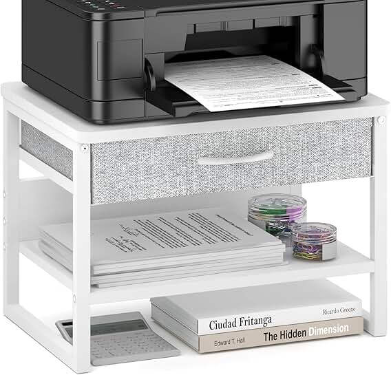 White 2-Tier Printer Stand with Storage Drawer