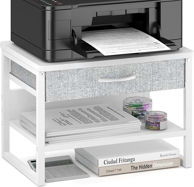 White 2-Tier Printer Stand with Storage Drawer