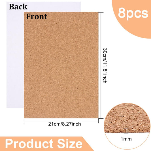 8 Pack Self-Adhesive Cork Sheets 8.3" x 11.8" 1mm Thick