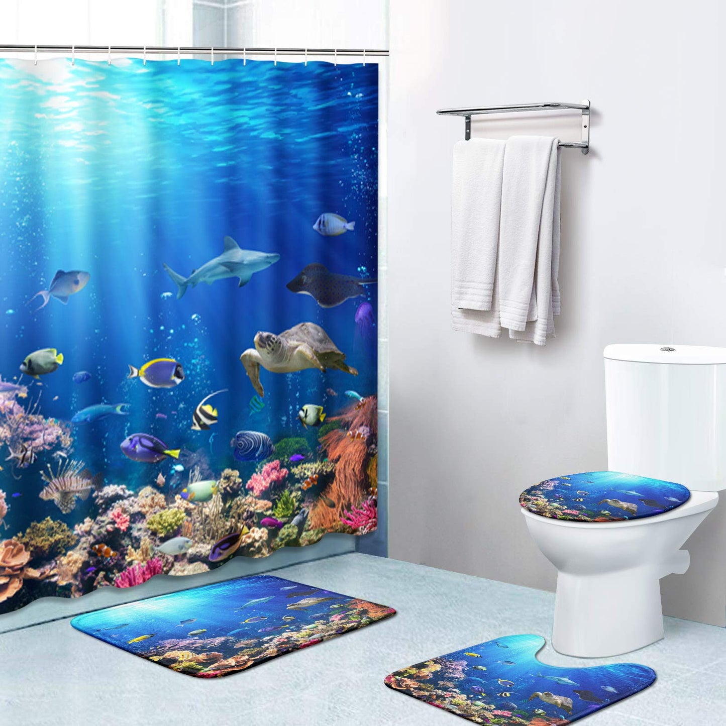 4 Piece Shower Curtain Sets, with 12 Hooks, Nature Ocean Sea Turtle and Fish with Non- Rugs, Tet Lid Cover and Bath Mat, Durable and Waterproof, for Bathroom Decor Set, 72" x 72"