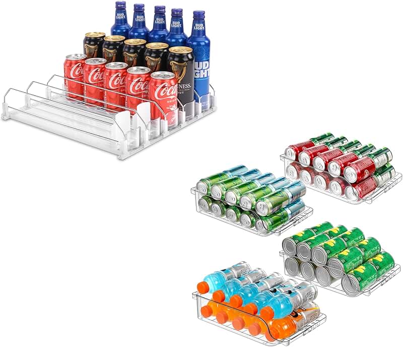 Automatic soda can organizer with adjustable width for refrigerator storage