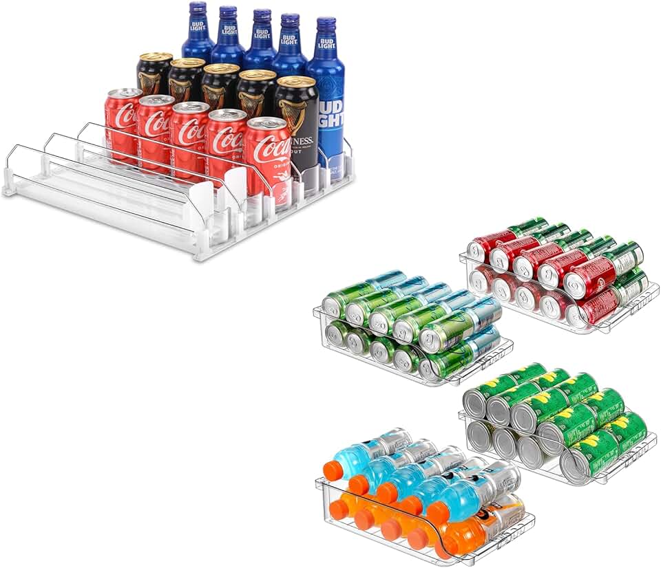 Automatic soda can organizer with adjustable width for refrigerator storage