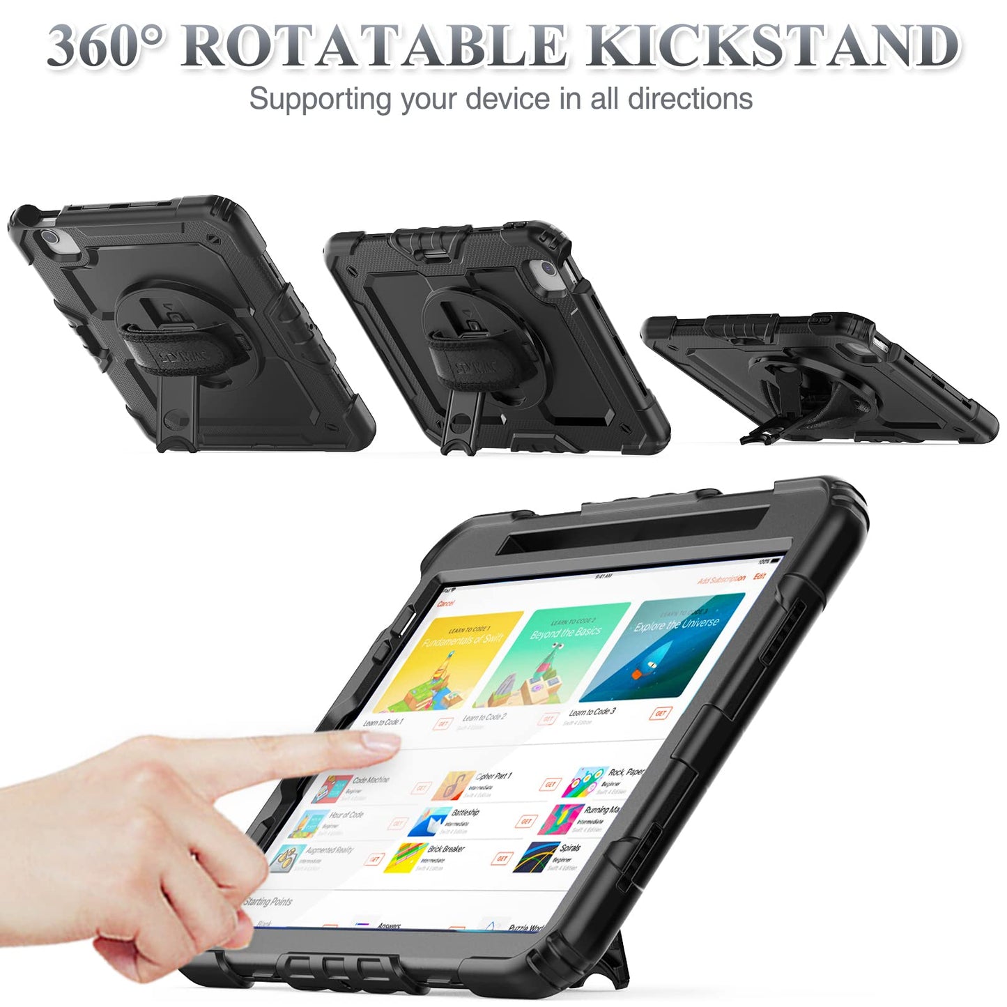 iPad Air 5th/4th Generation/ Pro 11 (3rd/2nd) Case, Full-Body Drop Protection Case with Screen Protector Pen Holder [360 Rotate Hand Strap/Stand] for iPad 10.9/ 11 Inch (Black)
