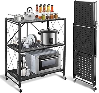 3-Tier Foldable Black Shelf with Wheels