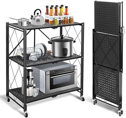3-Tier Foldable Black Shelf with Wheels