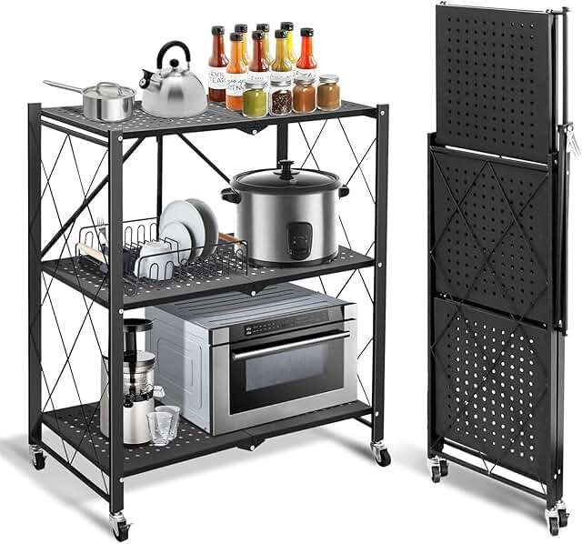 3-Tier Foldable Black Shelf with Wheels
