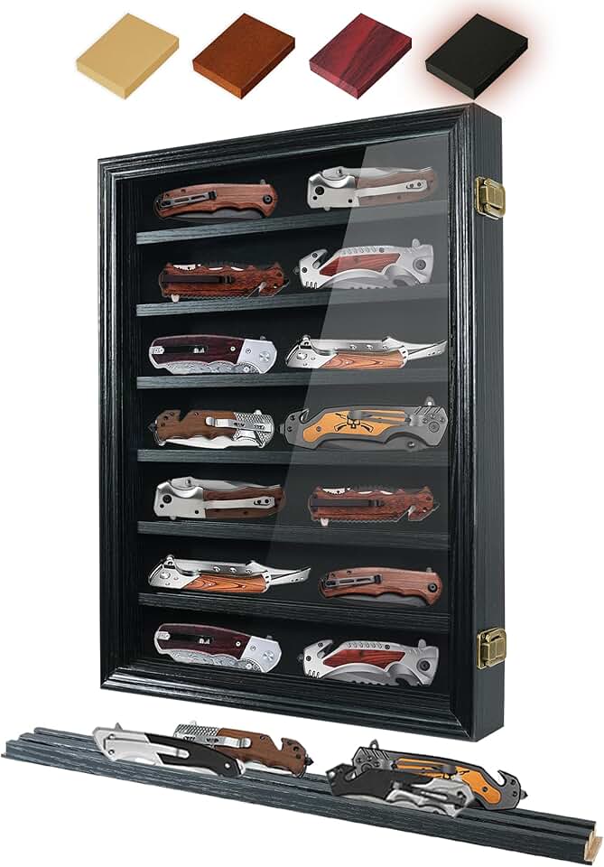 Lockable 7-Row Wooden Knife Display Case with Glass