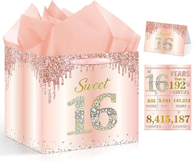 Large Pink Rose Gold Sweet 16 Gift Bag with Card and Wrapping
