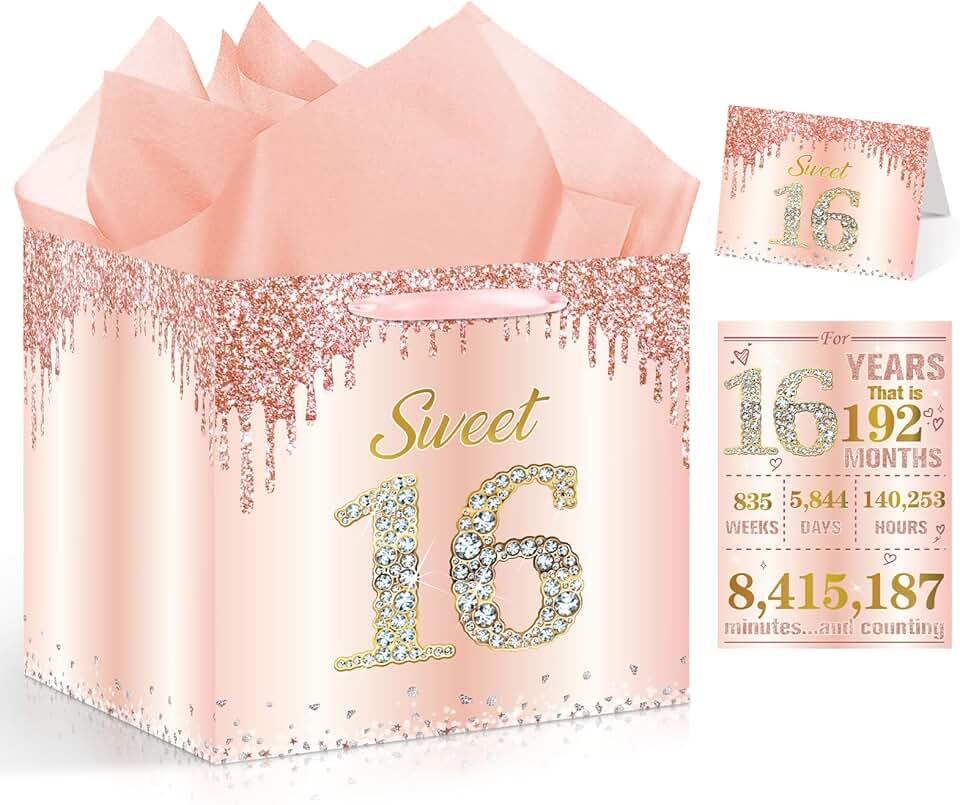 Large Pink Rose Gold Sweet 16 Gift Bag with Card and Wrapping