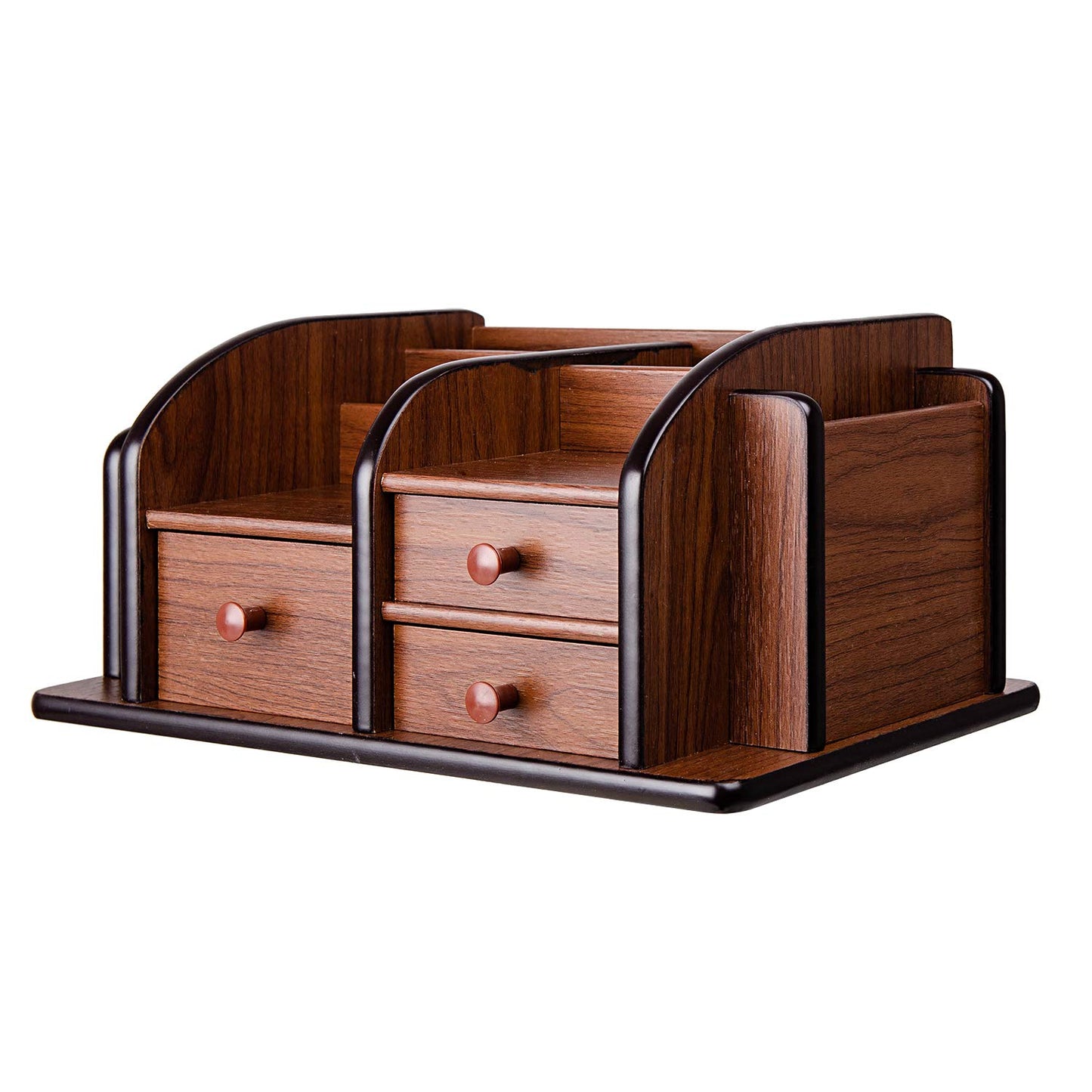 Brown Wooden Desk Organizer with Drawers and Shelves