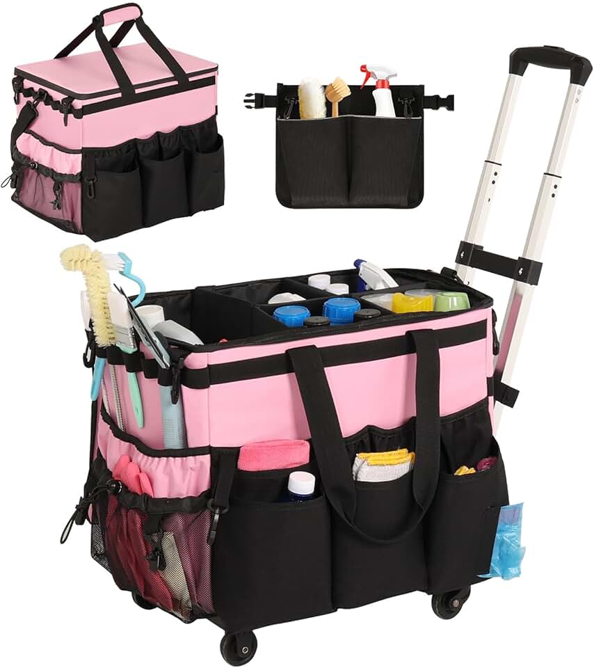 Large Pink Cleaning Supplies Organizer with Handles and Strap